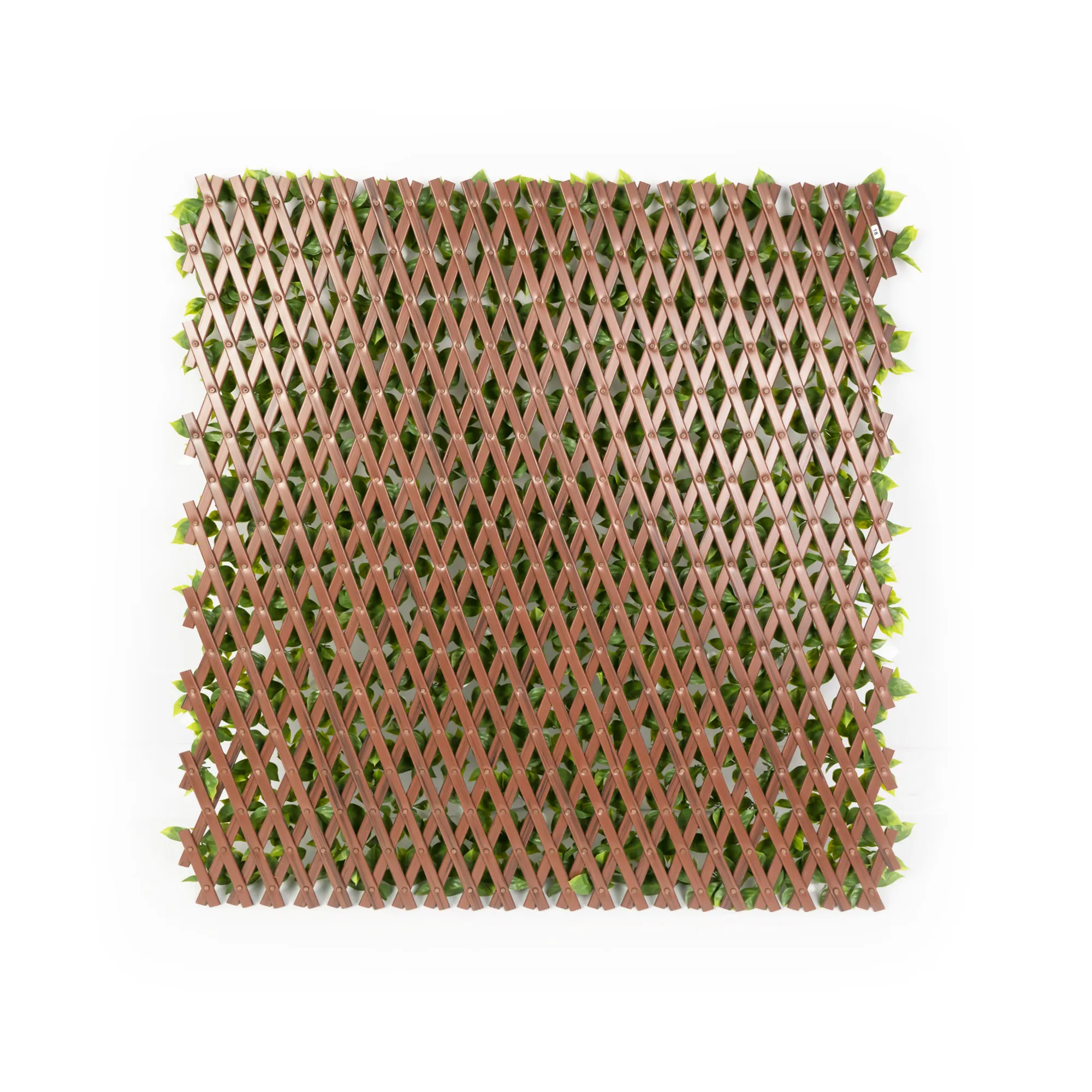 Parete di piante artificiali con struttura a griglia e foglie incorporate