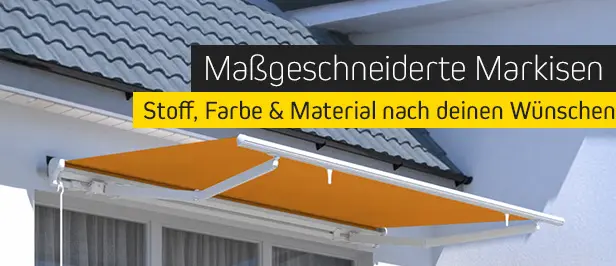 Maßgeschneiderte Markise über einem Fenster, anpassbar in Stoff, Farbe und Material