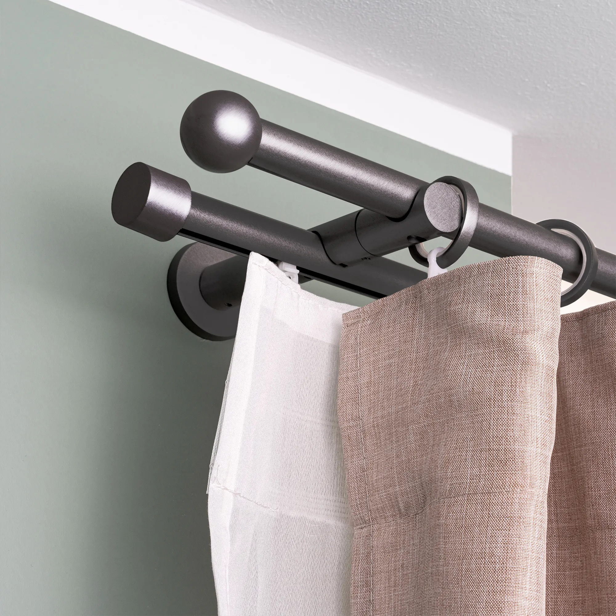Zestaw karniszy | 2 szyny, ⌀ 19 mm, 200 cm, antracytowy + Uchwyt ścienny, Końcówka w kształcie kuli