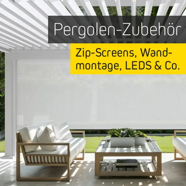 Pergola mit Zubehör wie Zip-Screens und LED-Beleuchtung, Sitzmöbel und Tisch darunter