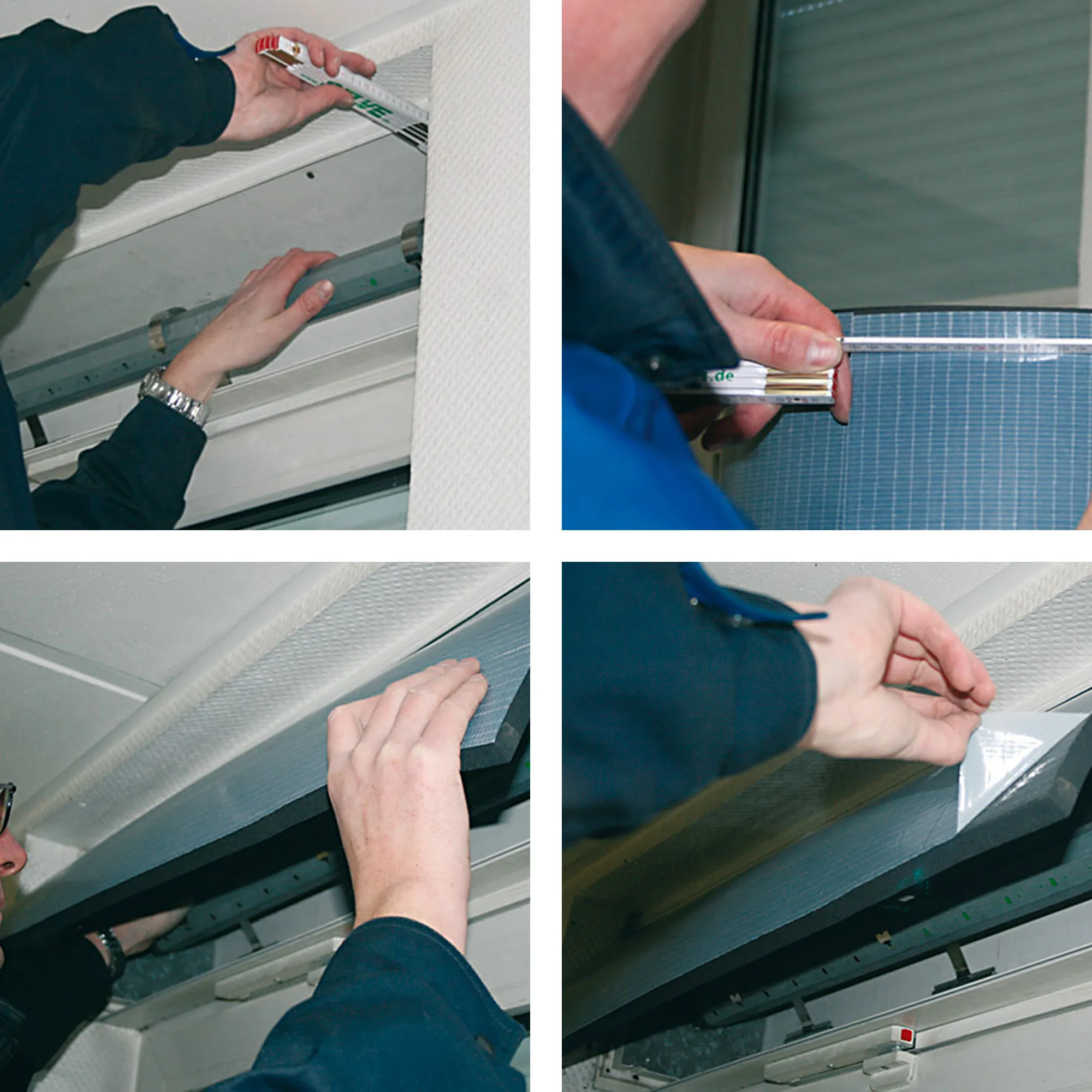 Persona che monta un materassino isolante in un cassonetto delle tapparelle per isolamento termico