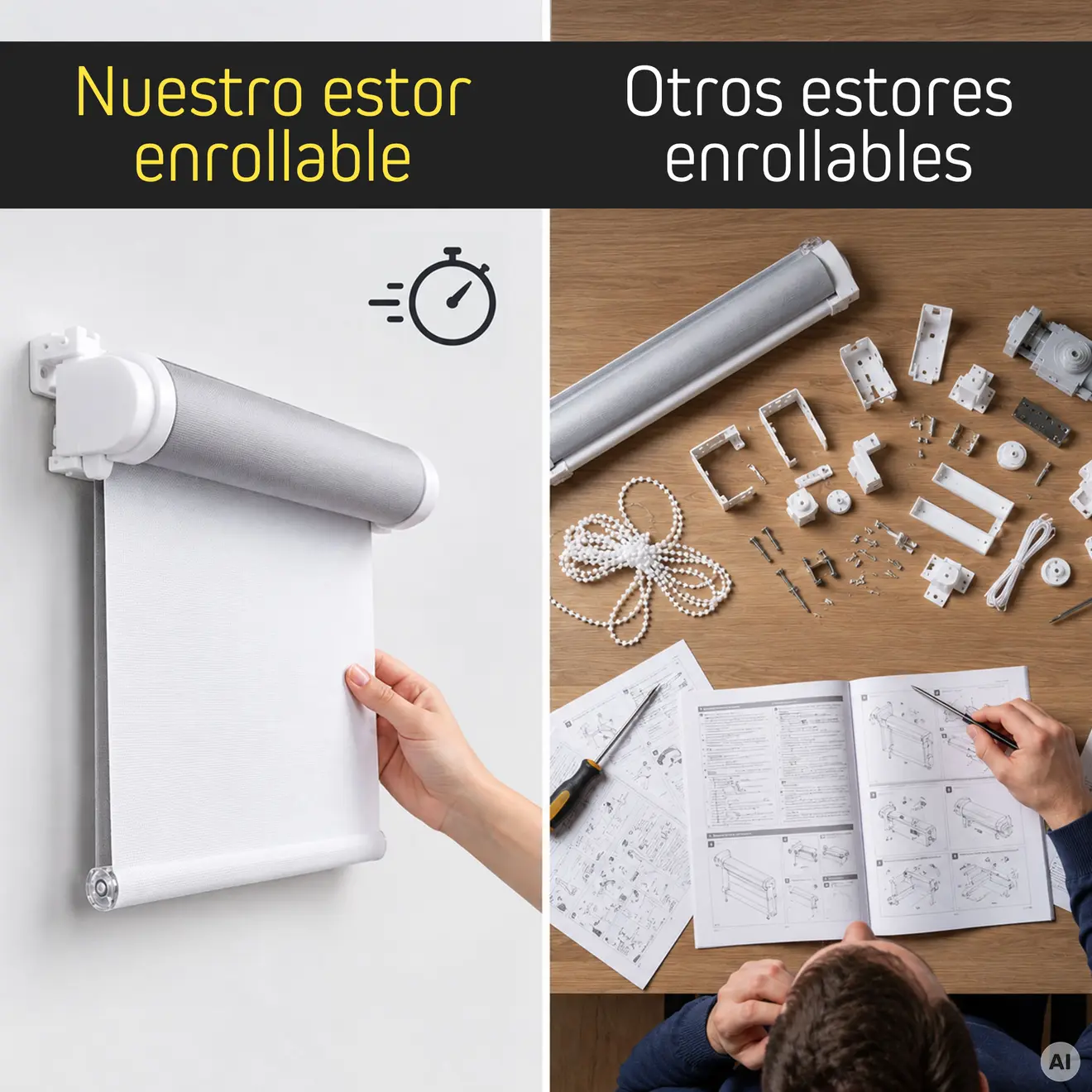 Comparación con texto “Unser Rollo” y “Andere Rollos”, estor instalado a la izquierda, piezas a la derecha