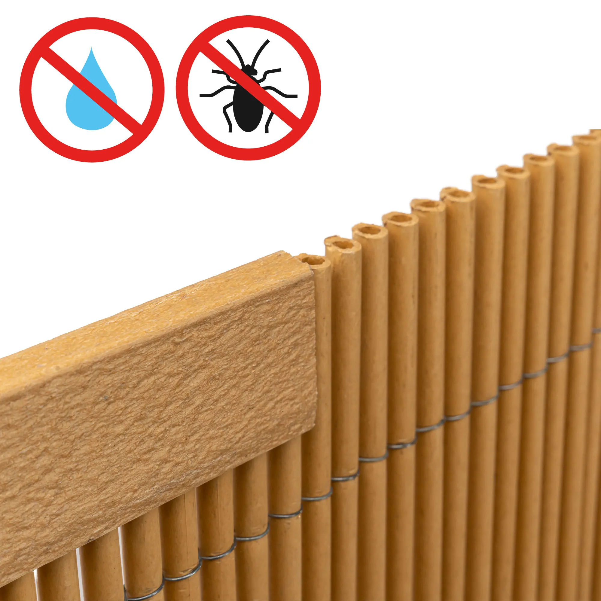 Profilo di copertura per tappeto di protezione in bambù con simboli di protezione contro acqua e insetti