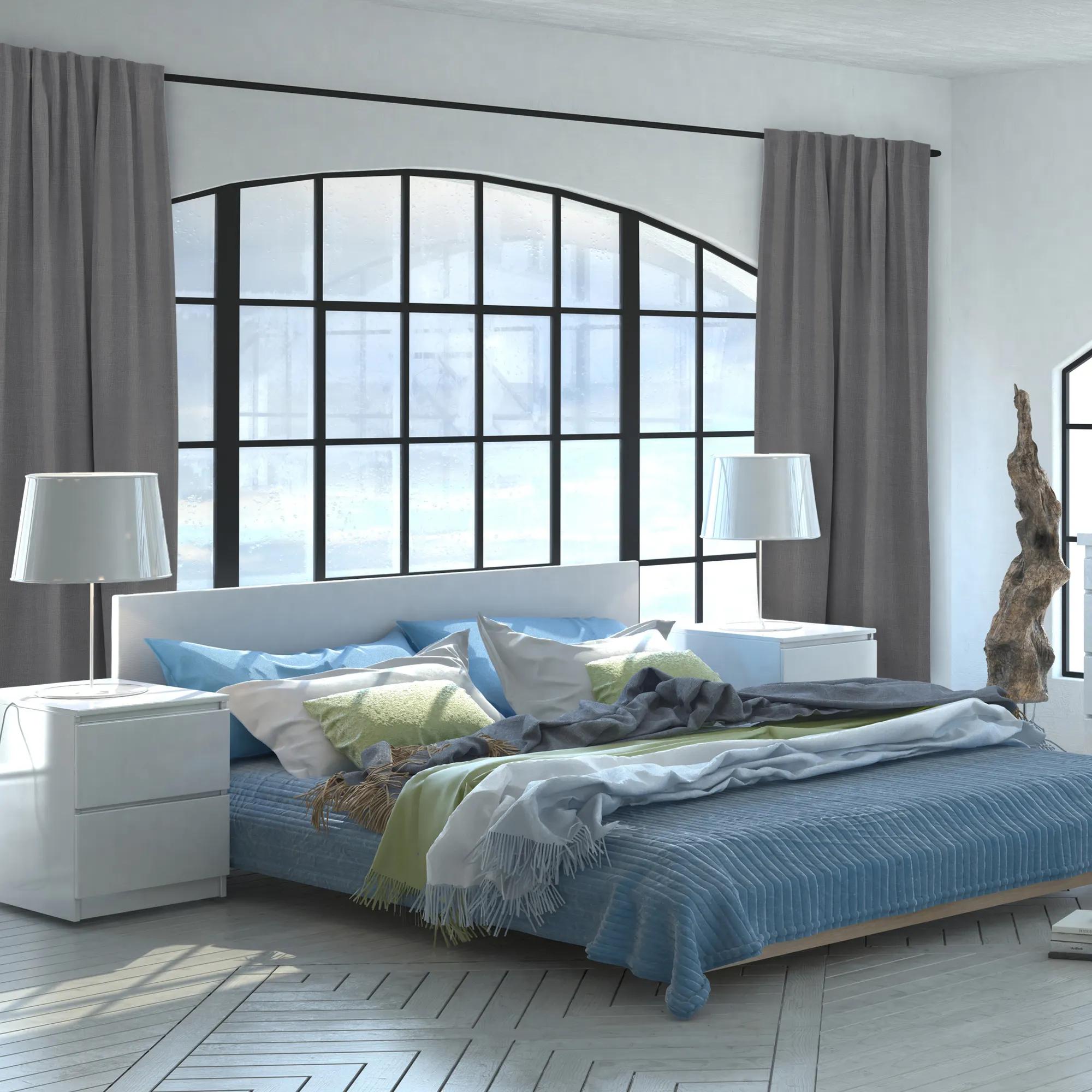 Tenda termica con nastro combinato alla finestra in un moderno interno di camera da letto