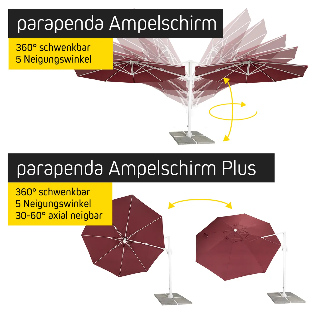 Ampelschirm mit schwenkbarem Arm und verstellbarem Neigungswinkel, freistehend auf stabilem Fuß