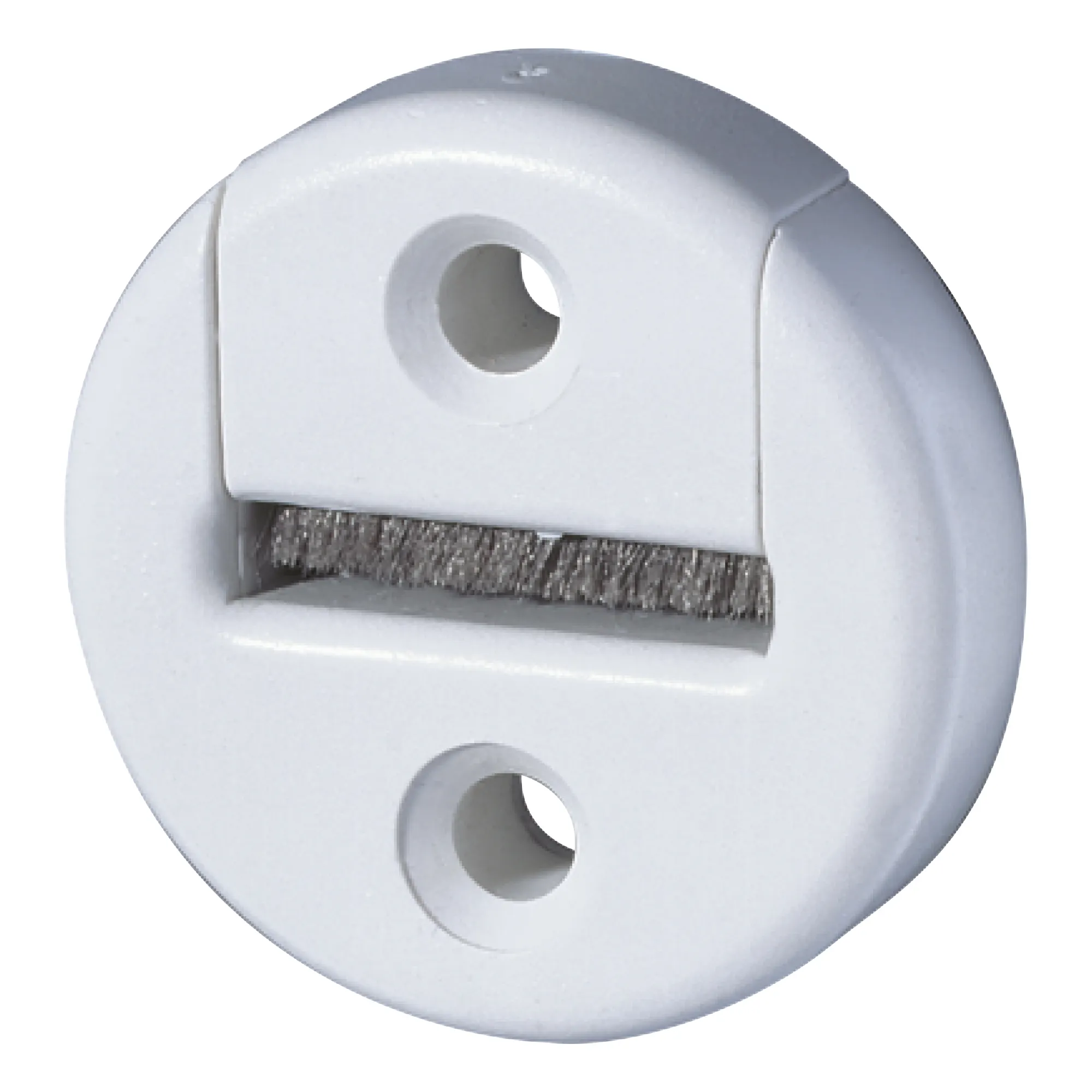 Oggetto rotondo con due fori e un'apertura per spazzola, potrebbe essere parte di una porta o finestra