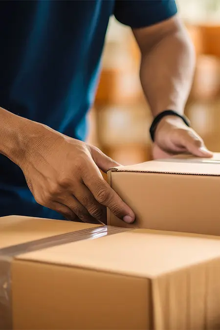 Person stapelt Kartons für den Versand, Fokus auf Hände und Verpackung