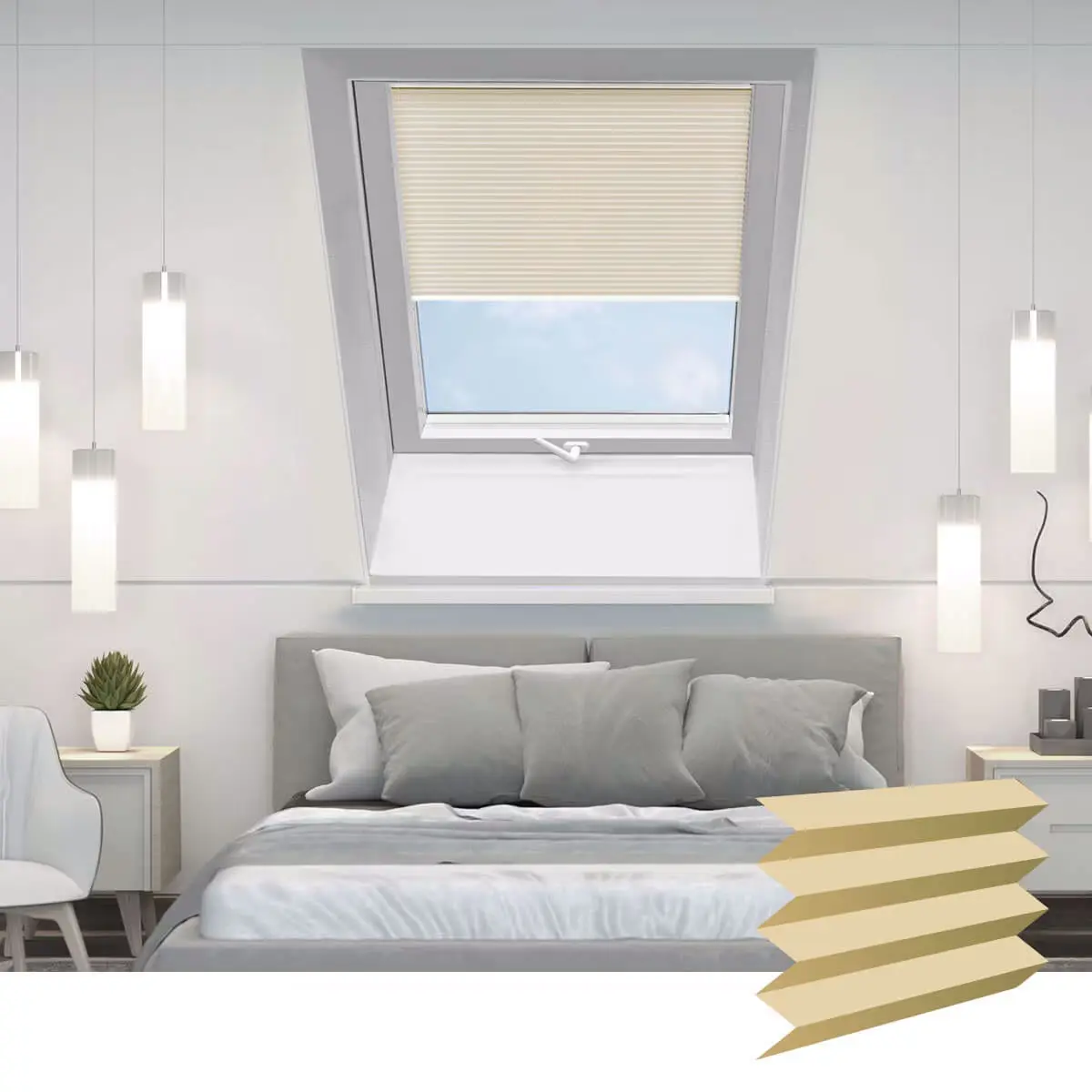 Plissee an Dachfenster in modernem Schlafzimmer, dekorative Beleuchtung und Möbel im Hintergrund
