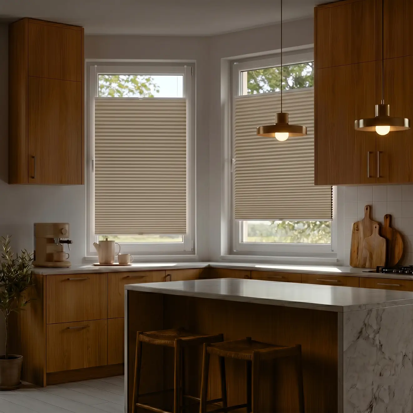 Küche mit zwei Fenstern und beigen Plissees für Sichtschutz und Lichtfilter