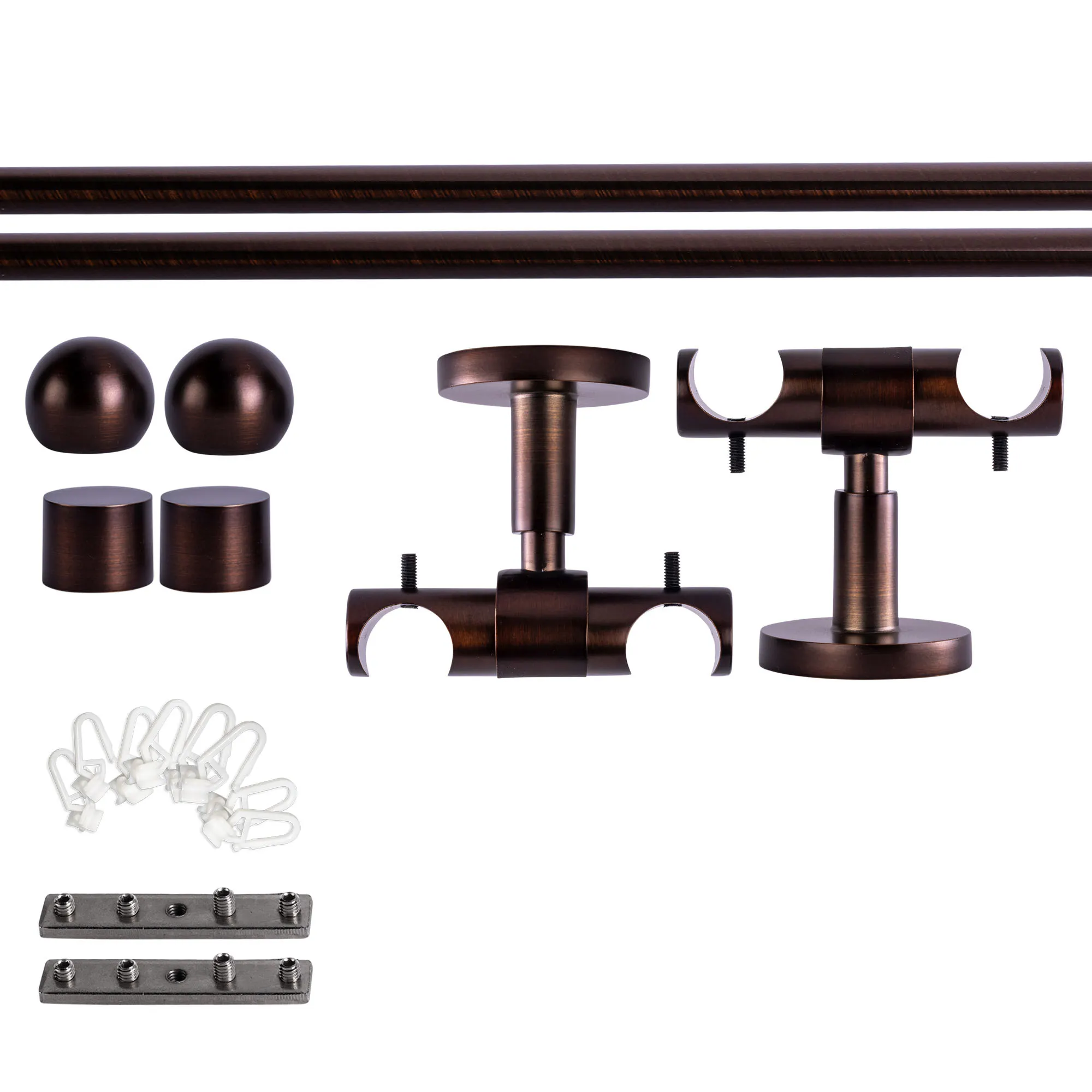 Set tringles à rideaux à rail intérieur | 2 rails, ⌀ 19 mm, 120 cm, rouge-bronze + Support plafond, Boule, Glisseur