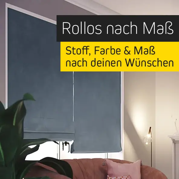 Maßgefertigte Rollos in einem Wohnzimmer, anpassbar in Stoff und Größe