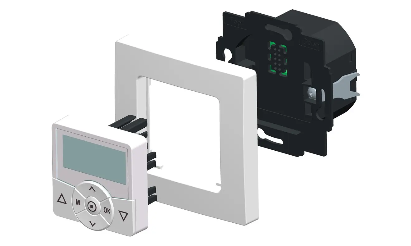 Explosionszeichnung einer Zeitschaltuhr mit Display und Bedienelementen
