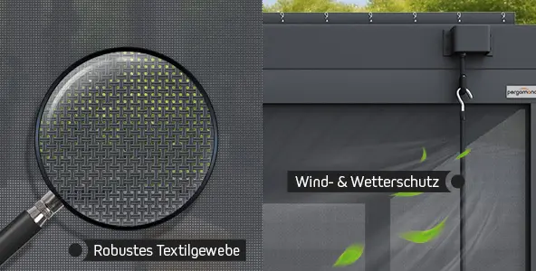 Pergola mit Screenrollo, robustes Textilgewebe, bietet Wind- und Wetterschutz