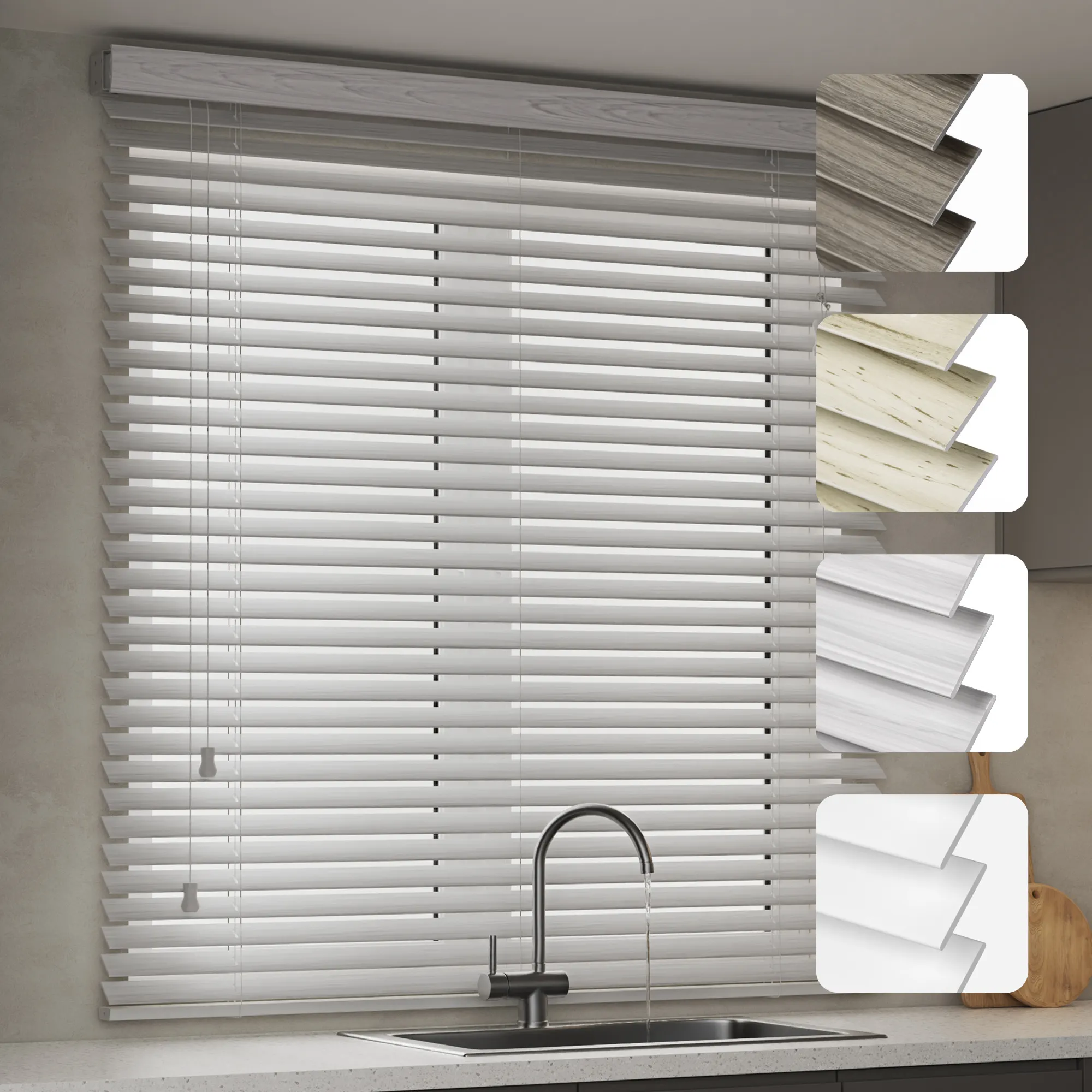 Tenda a persiana in effetto legno sopra il lavello, dettagli delle lamelle in diverse finiture