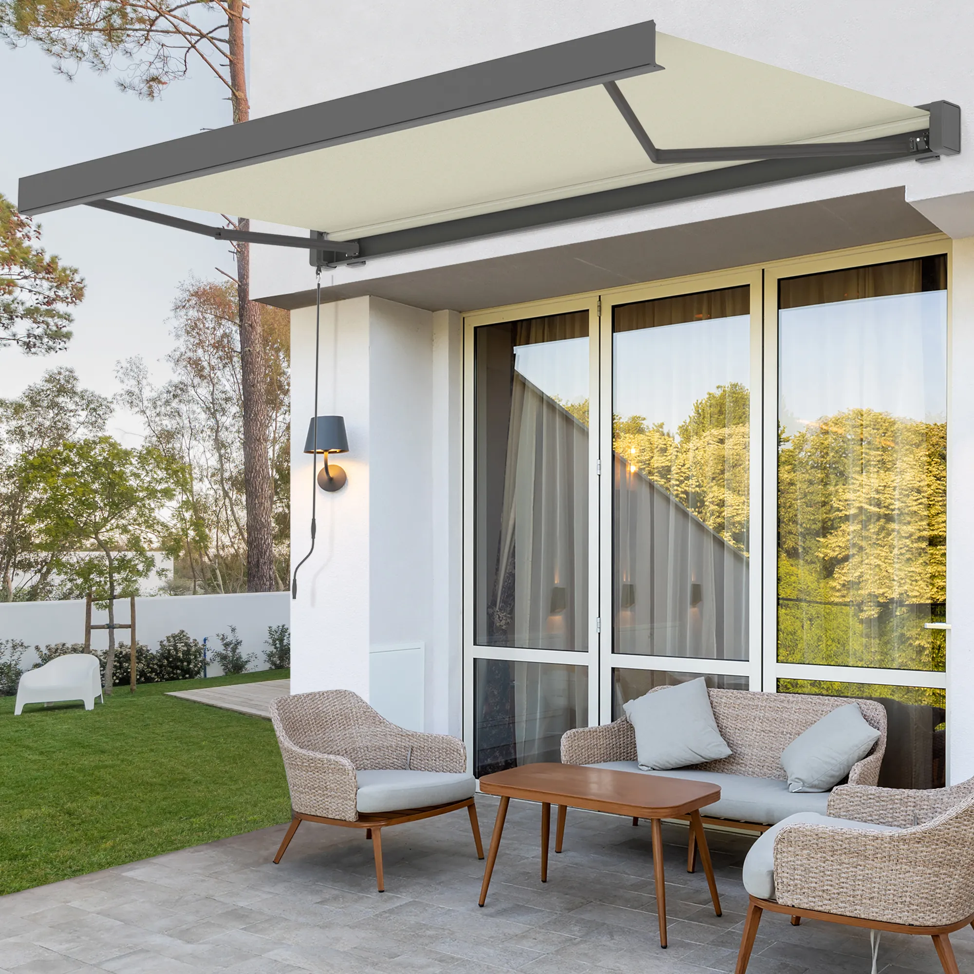 Markiza w kasecie Quadris LED | 3,45 x 3 m, antracytowy, tkanina: kremowy, jednokolorowa