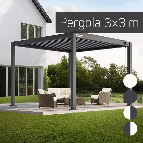 Pergola mit Sitzgruppe im Garten, freistehend, quadratischer Rahmen, 3x3 Meter