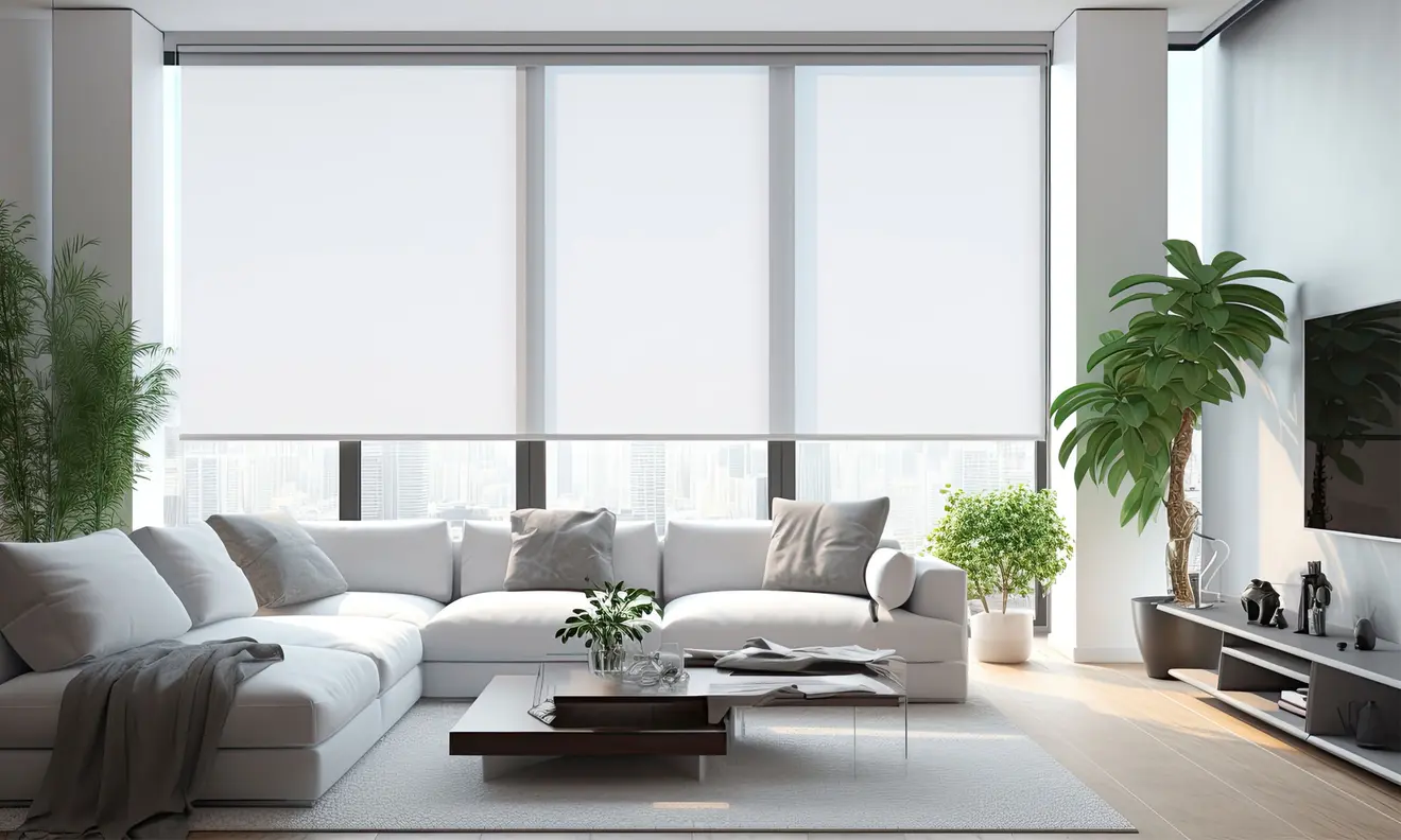 Wohnzimmer mit elektrischen Smart Rollos an großen Fenstern, moderne Einrichtung