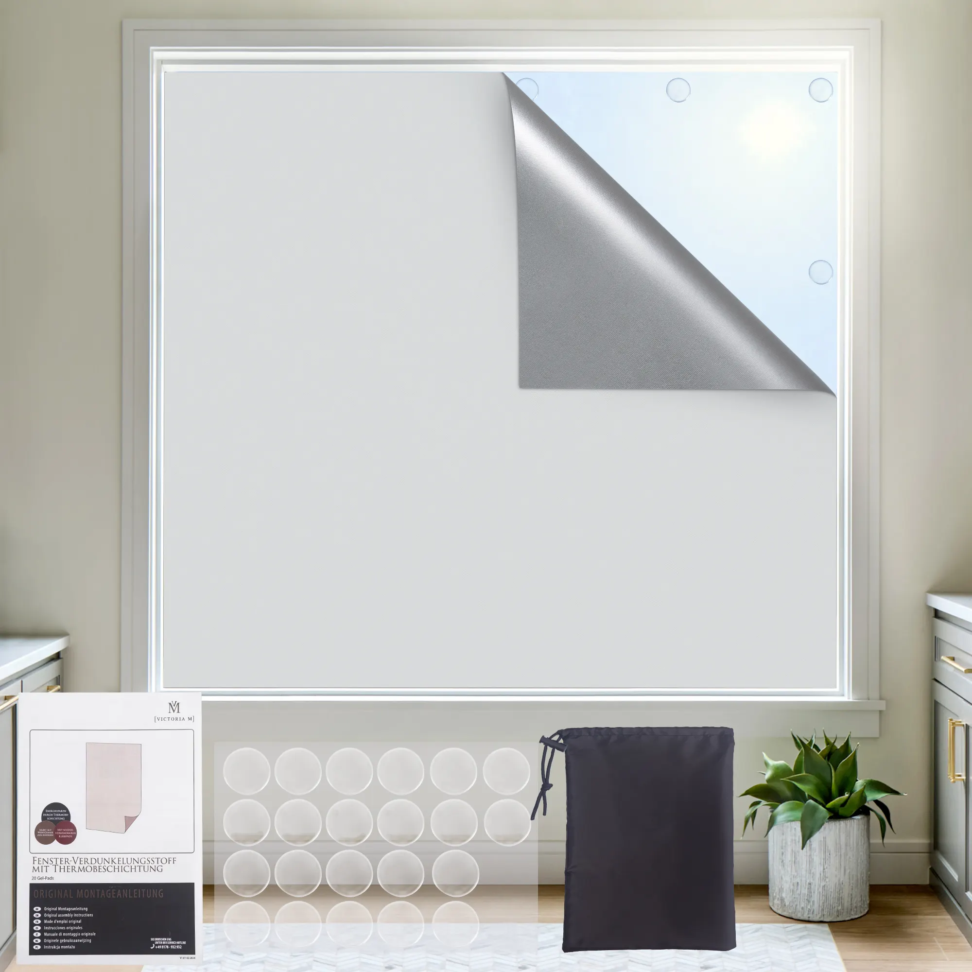 Fenster-Verdunkelungsstoff mit Thermobeschichtung | 22 Gel-Klebepads, 140 x 300 cm, weiß