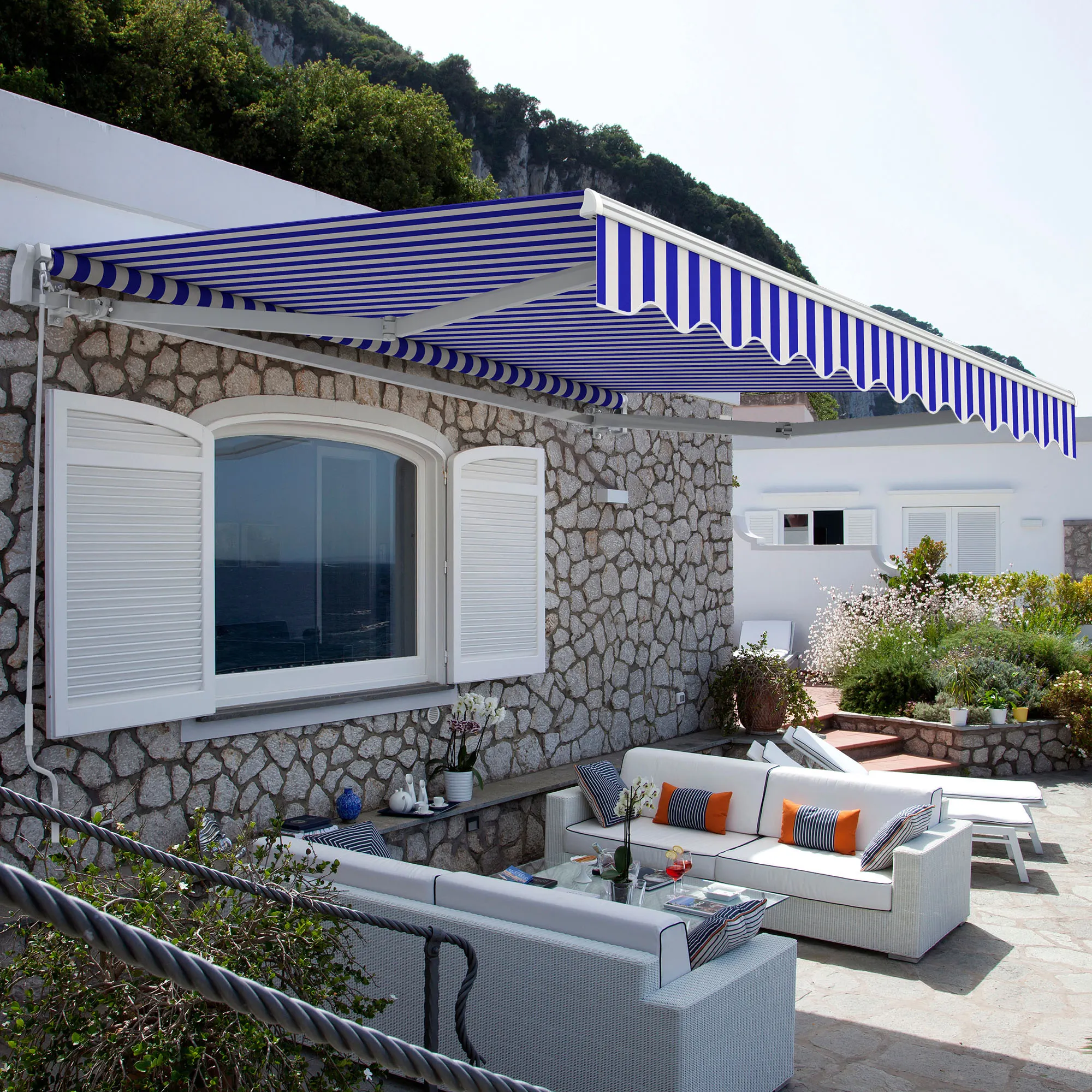 Gelenkarmmarkise Basic 2000 | 2,5 x 1,5 m / Gestell: weiß / Stoff: Block, blau-weiß