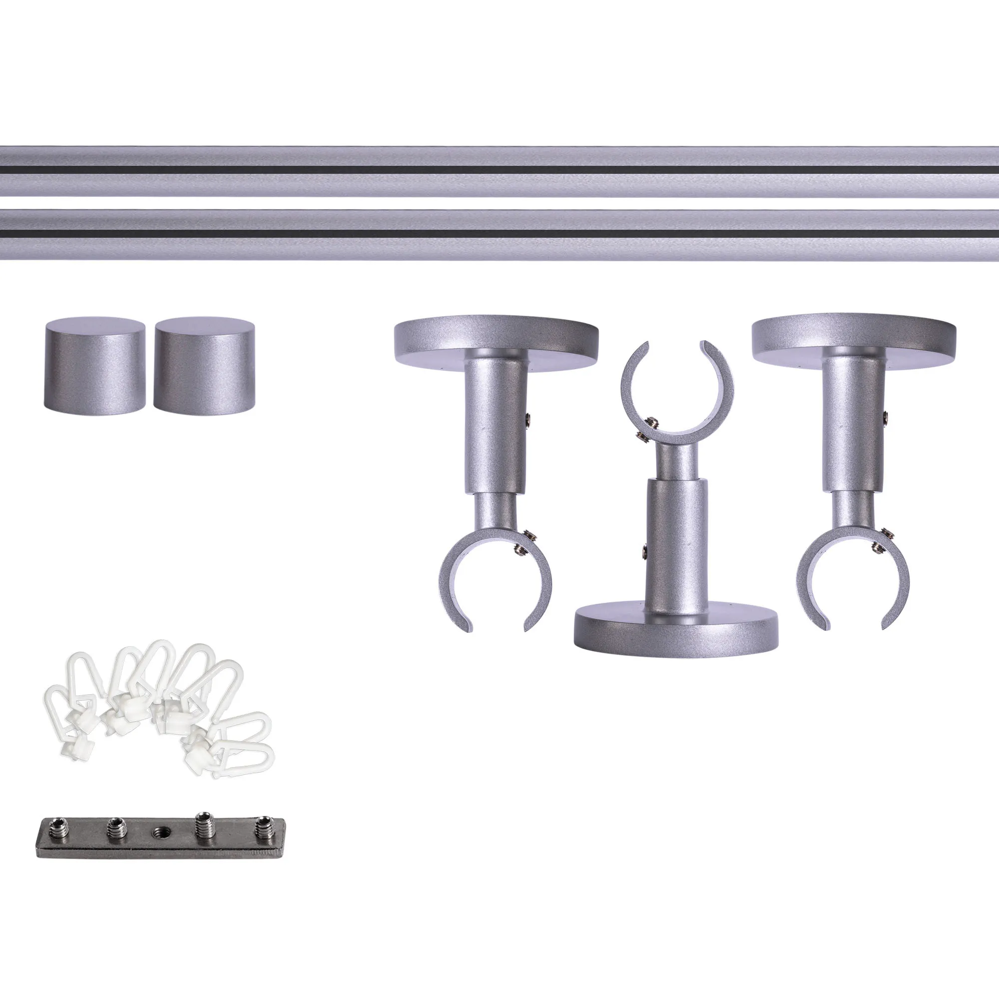Set tringles à rideaux à rail intérieur | 1 rail, ⌀ 19 mm, 360 cm, argenté + Support plafond, Embout, Glisseur