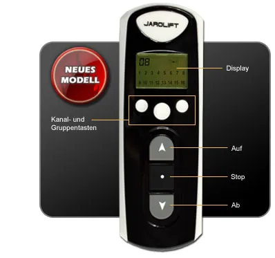 Telecomando con display e tasti per selezione canale, su, stop, giù