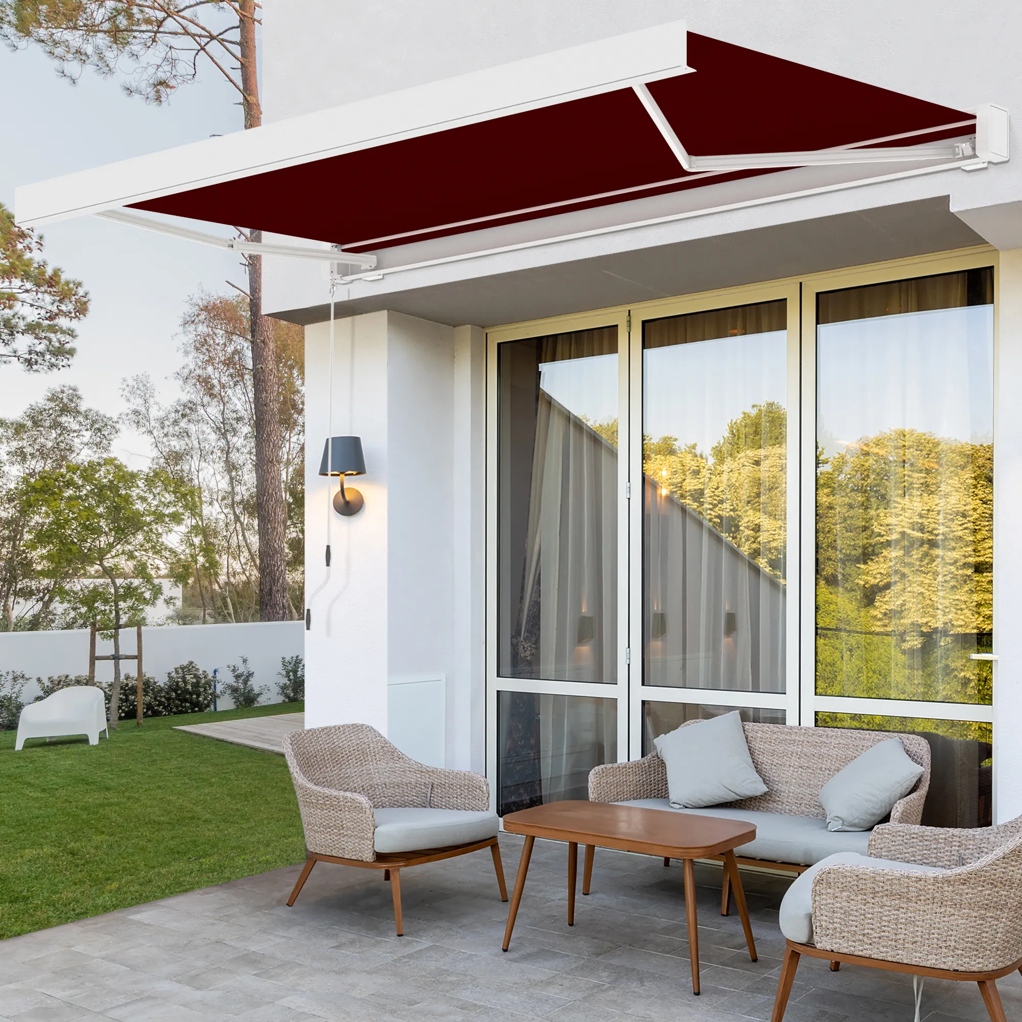 Kassettenmarkise Quadris LED | 3,45 x 3 m, weiß, Stoff: weinrot, Uni