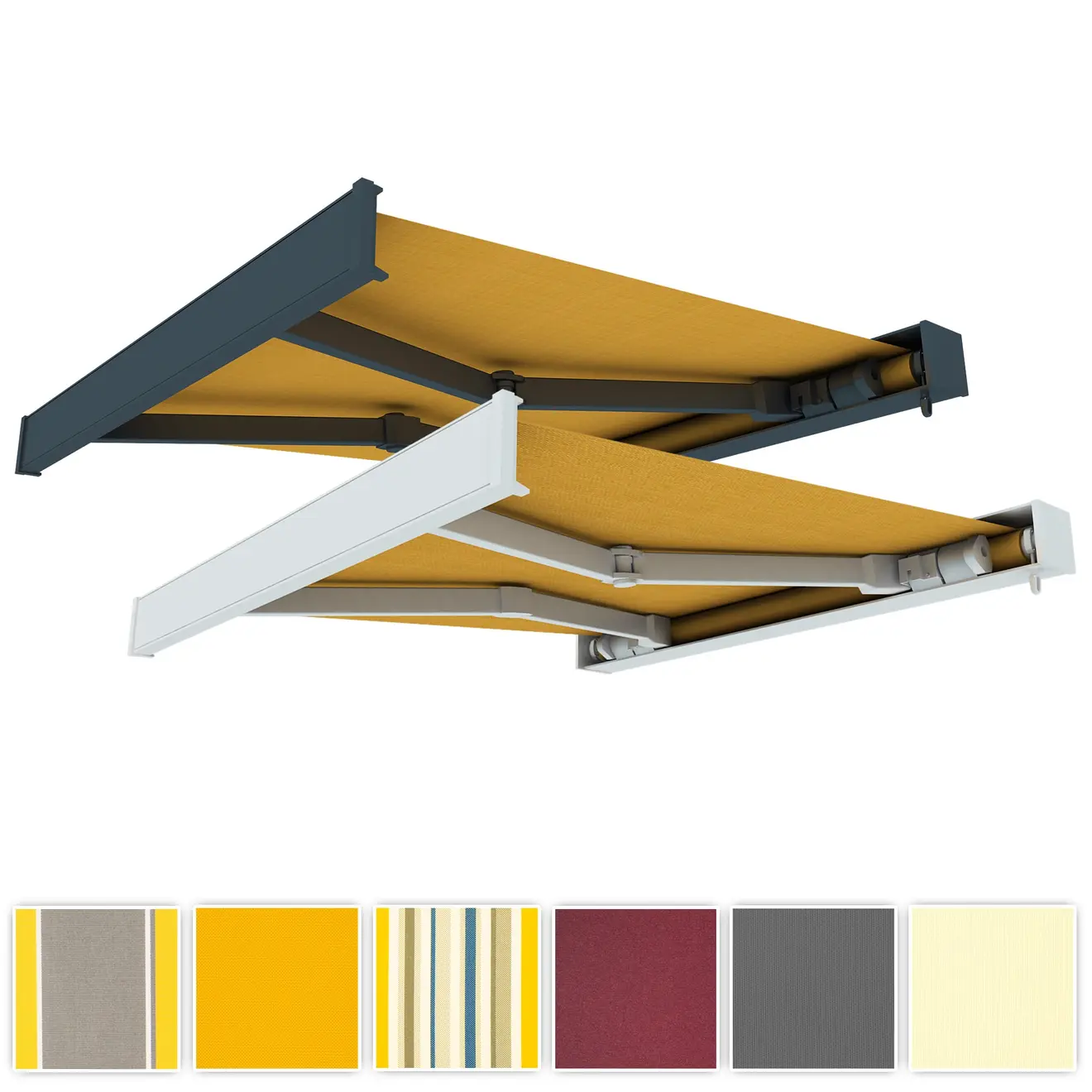 Kassettenmarkise Line mit einziehbarem Tuch und Gelenkarmen in verschiedenen Designs