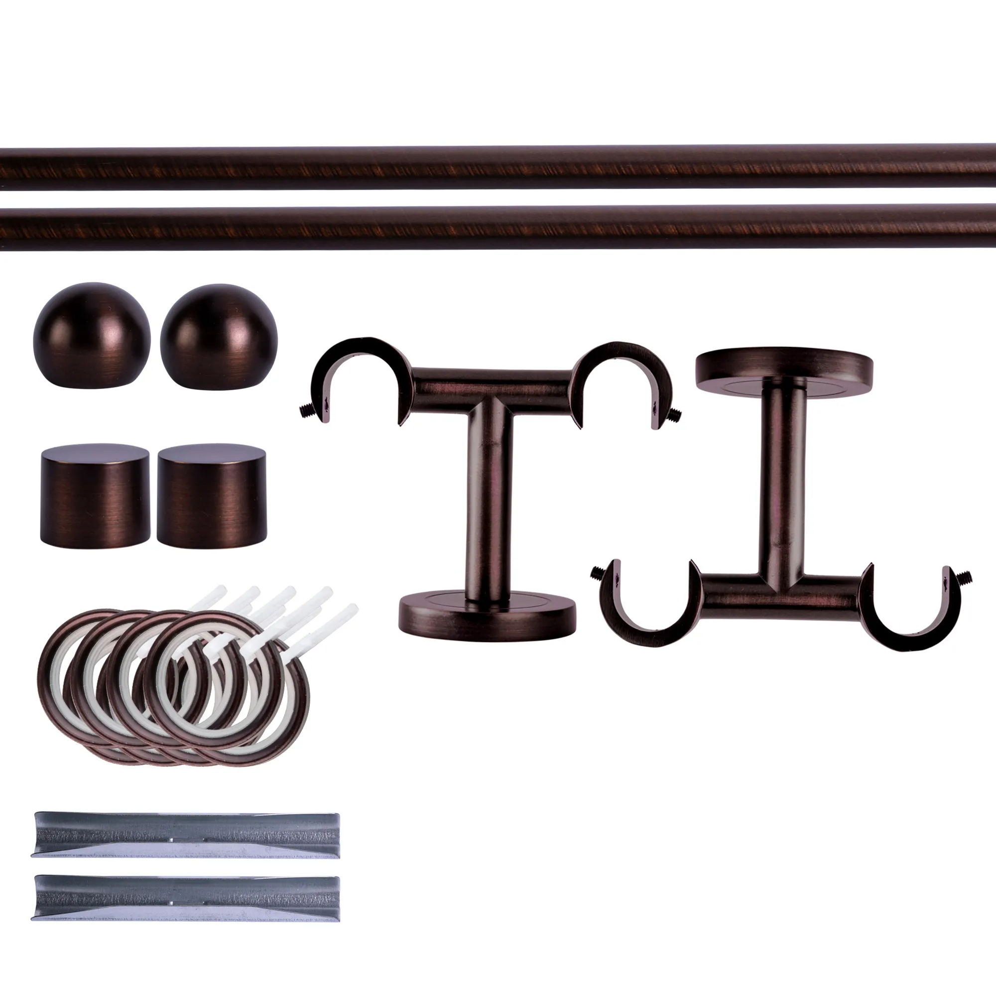 Zestaw karniszy | 2 szyny, ⌀ 19 mm, 120 cm, brązowo-czerwony + Uchwyt sufitowy, Końcówka w kształcie kuli, Pierścień