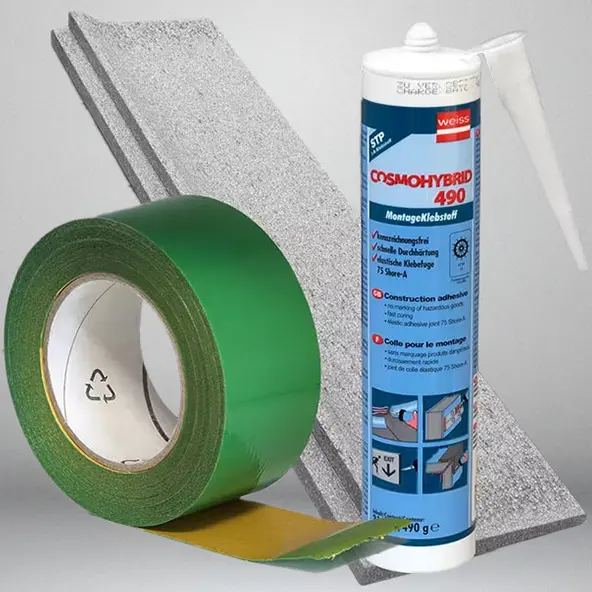 Rotolo di nastro adesivo, cartuccia di colla, pannello isolante per l'isolamento del cassonetto delle tapparelle.