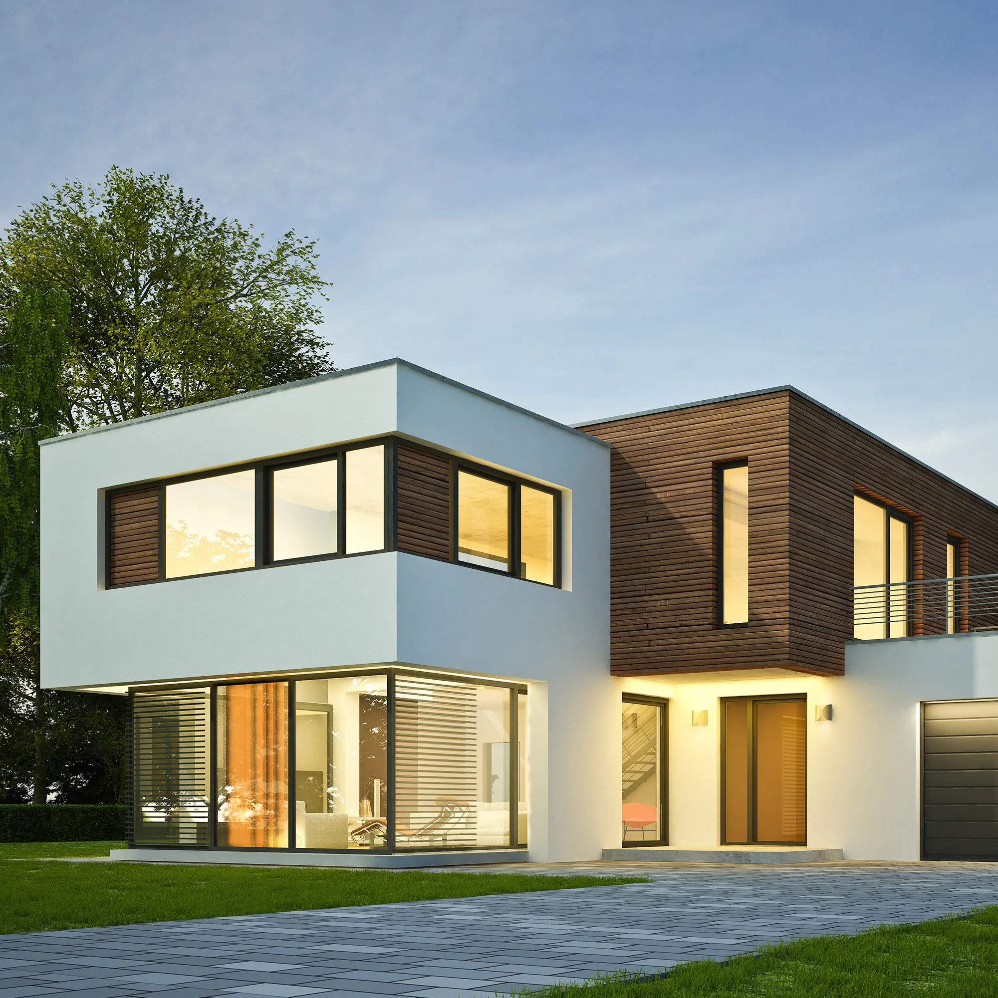 Casa moderna a due piani con grandi finestre e garage