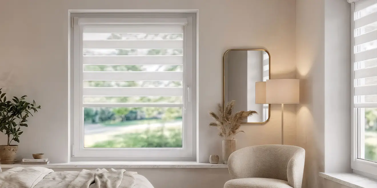 Schlafzimmer mit Duo‑Rollo am Fenster, Stoffstreifen für variablen Sichtschutz
