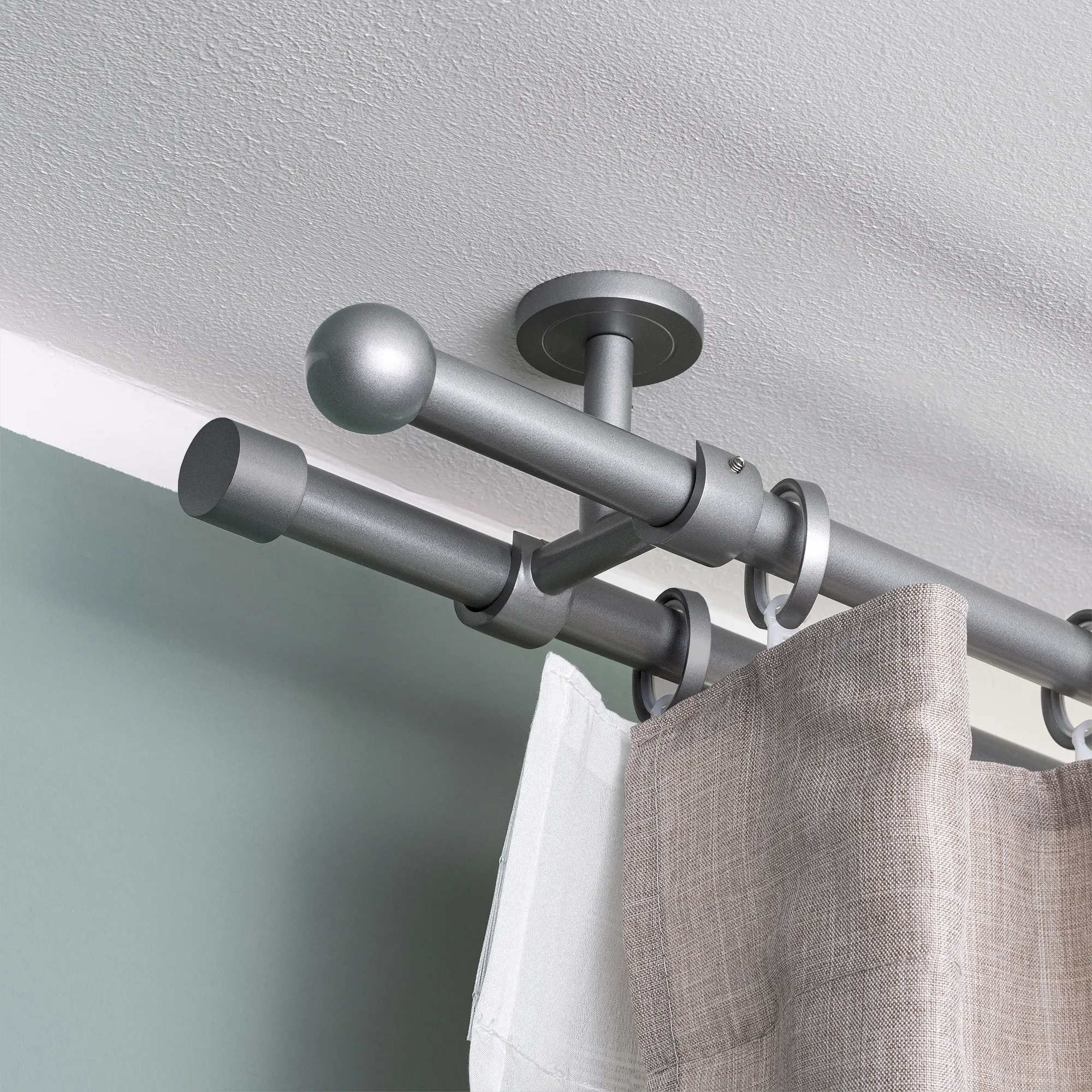 Zestaw karniszy | 2 szyny, ⌀ 19 mm, 120 cm, srebrny + Uchwyt sufitowy, Końcówka w kształcie kuli, Pierścień
