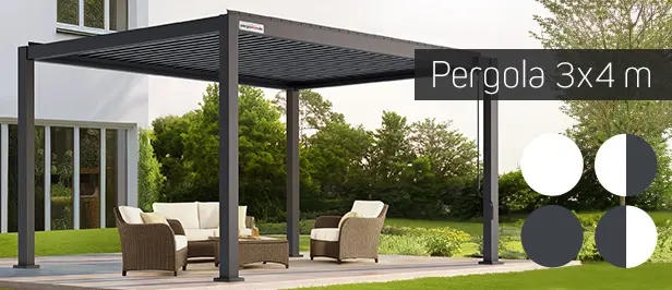 Freistehende Pergola mit Lamellendach auf Terrasse, umgeben von Gartenmöbeln und Pflanzen
