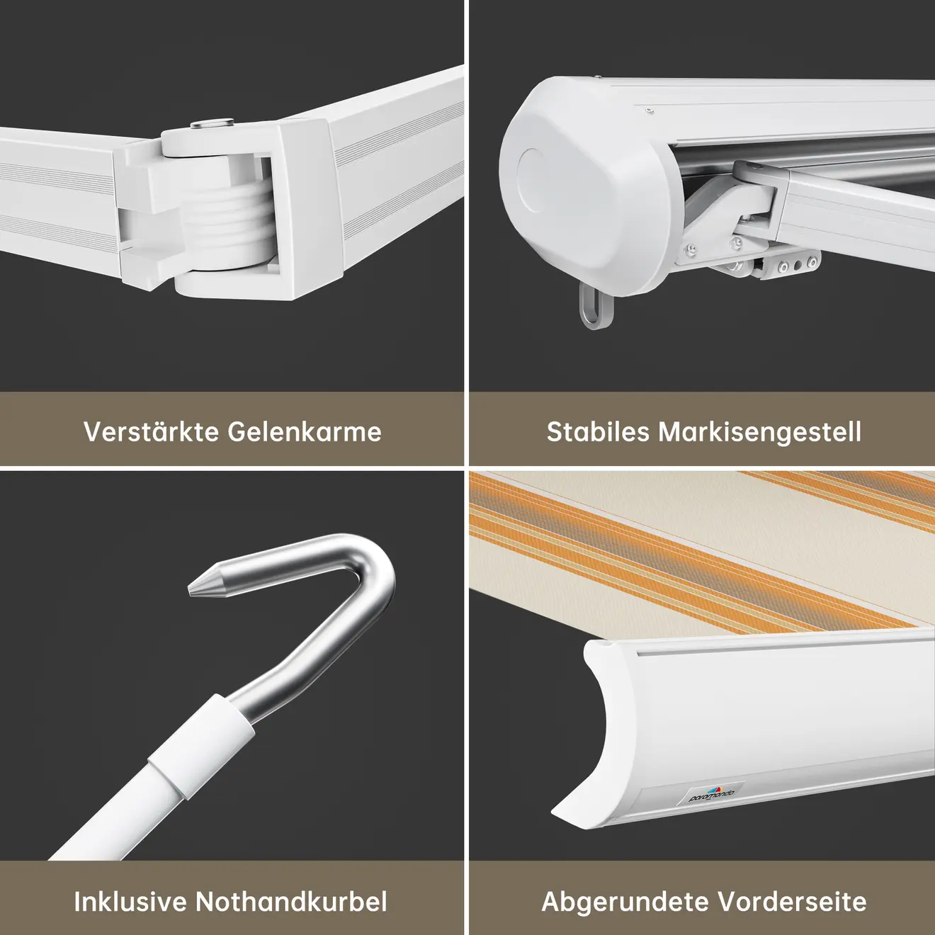 Kassettenmarkise Curve 2000 mit verstärkten Gelenkarmen und stabilem Markisengestell