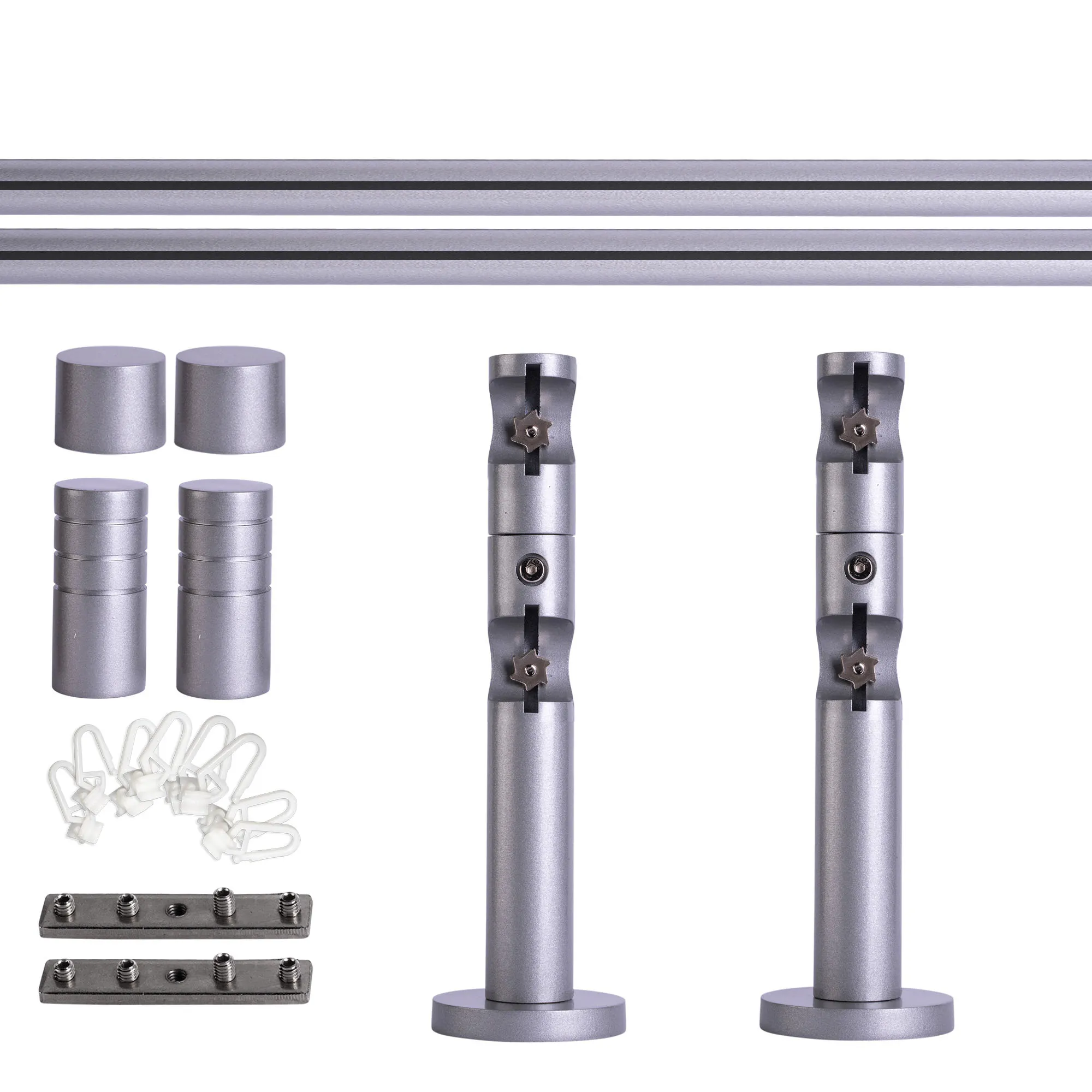 Set tringles à rideaux à rail intérieur | 2 rails, ⌀ 19 mm, 120 cm, argenté + Support mural, Embout rainuré, Glisseur