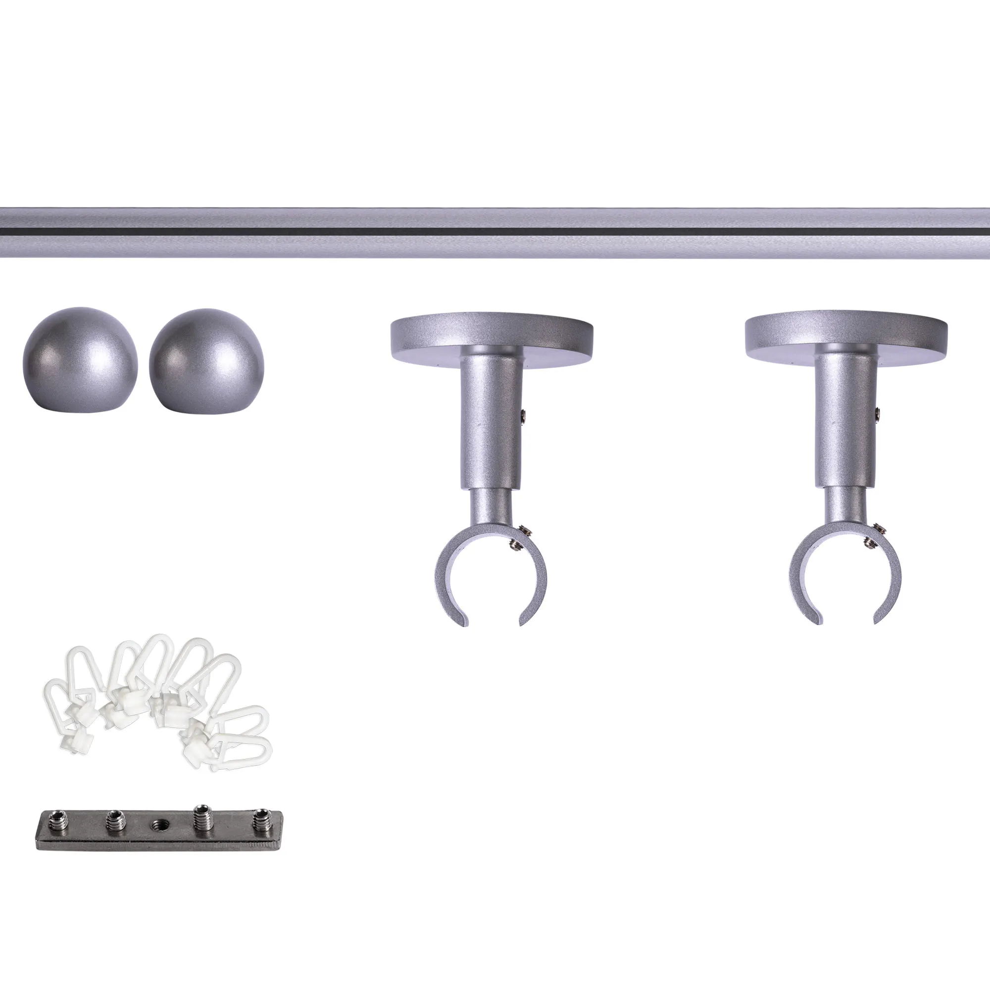 Set tringles à rideaux à rail intérieur | 1 rail, ⌀ 19 mm, 120 cm, argenté + Support plafond, Boule, Glisseur