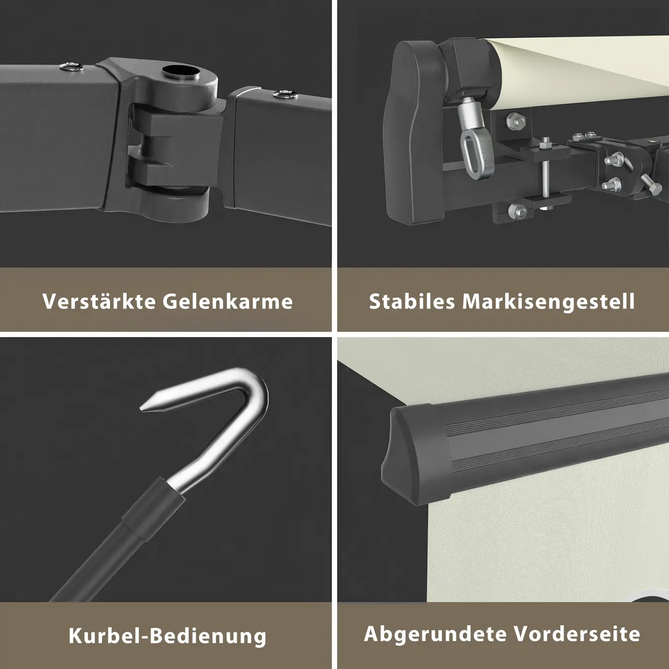 Produktdetails der Markise mit Texten Verstärkte Gelenkarme, Stabiles Markisengestell, Kurbel‑Bedienung, Abgerundete Vorderseite