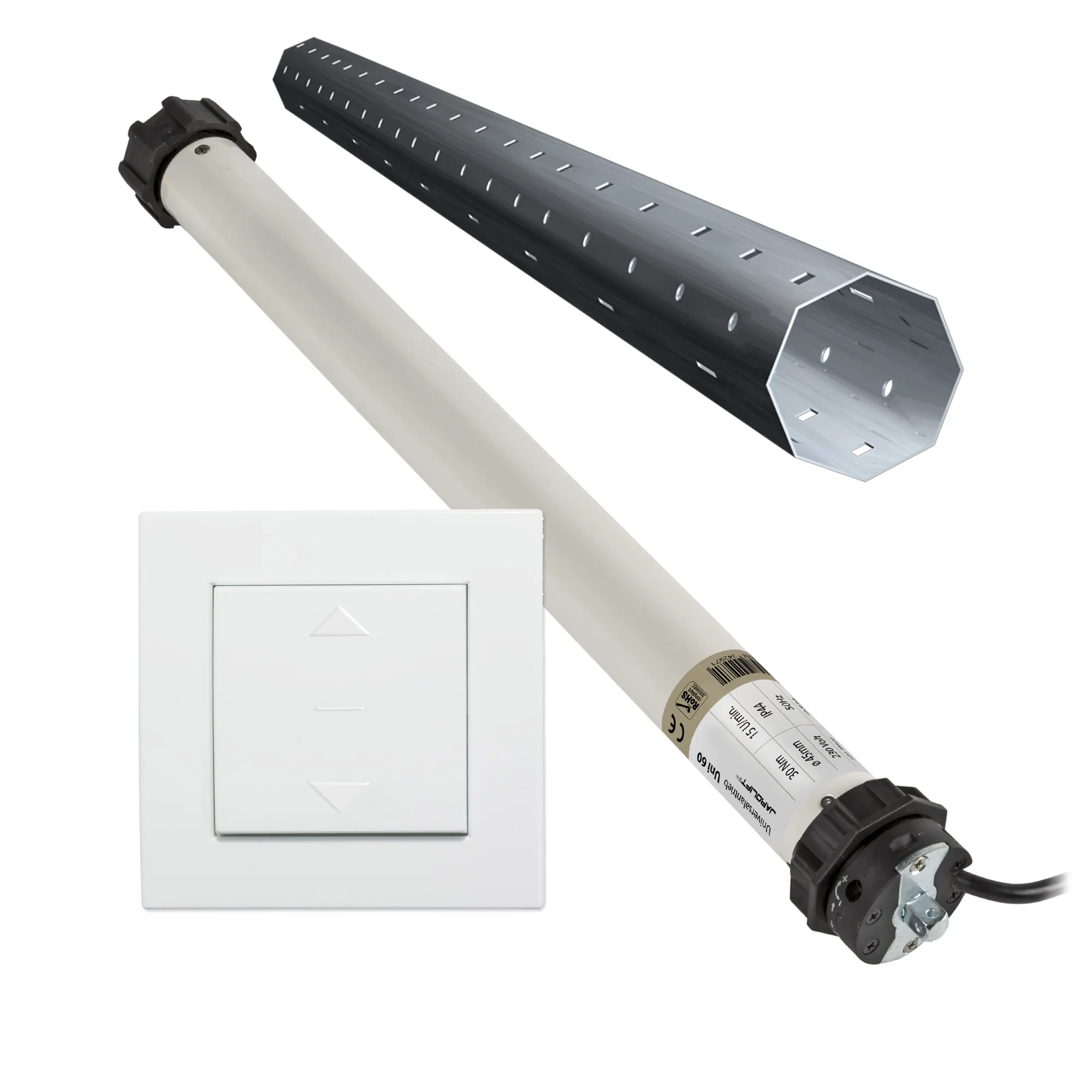 Motor para persiana Universel | UNI60 (30 Nm / SW60) + Interruptor basculante de diseño + Kit eje para nueva construcción 1