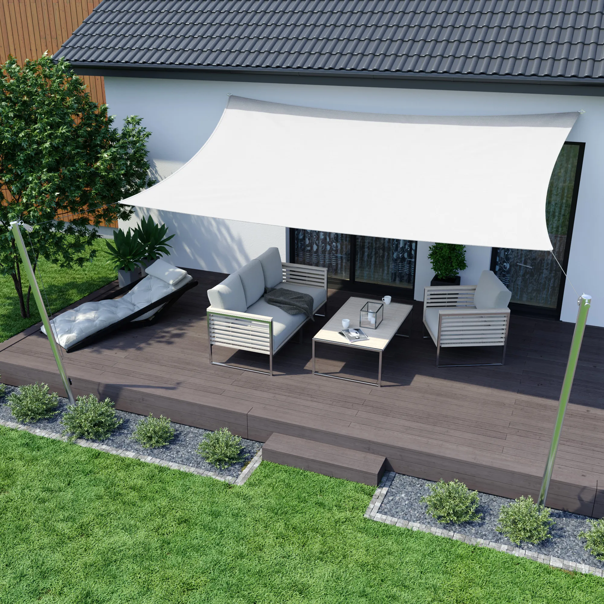 Tenda da sole sopra la terrazza con gruppo di sedute, offre ombra e protezione, materiale traspirante