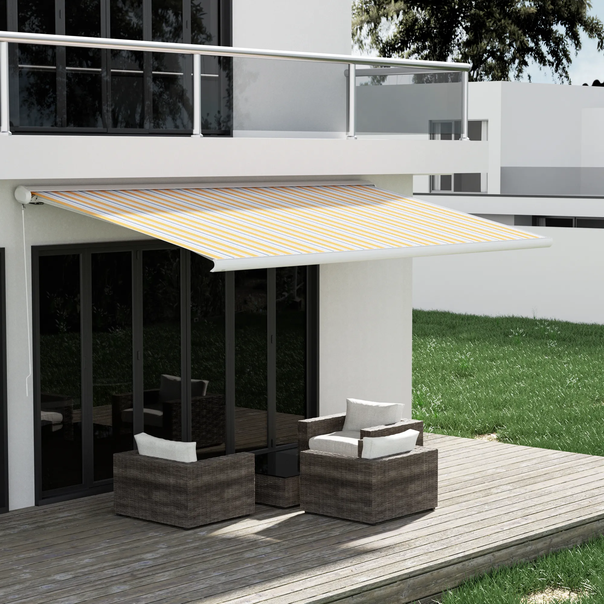 Kassettenmarkise Curve 2000 | 3,95 x 3 m / Gestell: weiß / Stoff: Multi, gelb-blau-grau