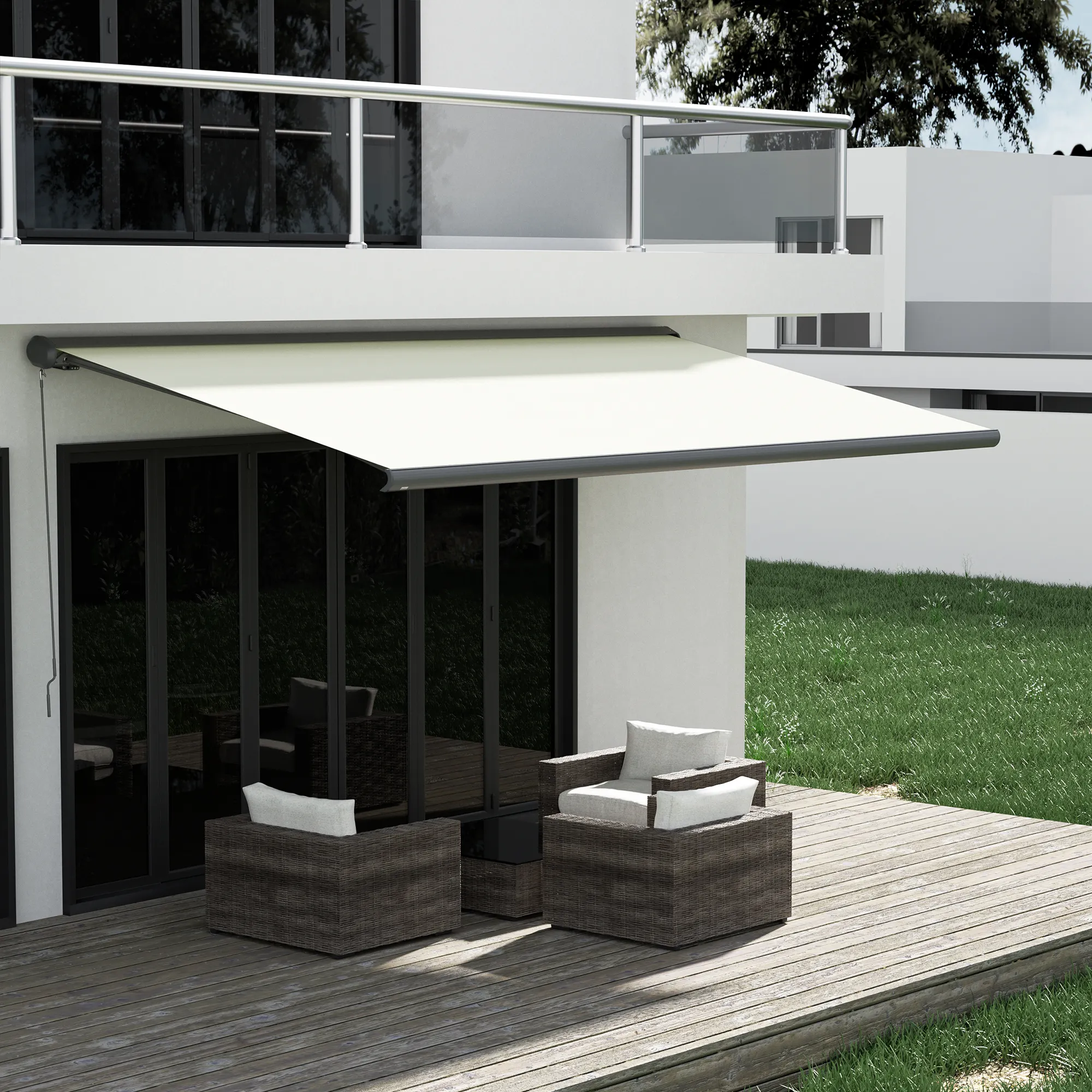 Markiza w kasecie Curve 2000 | 3,95 x 3 m / stelaż: antracytowy / tkanina: jednokolorowa, kremowo-biały