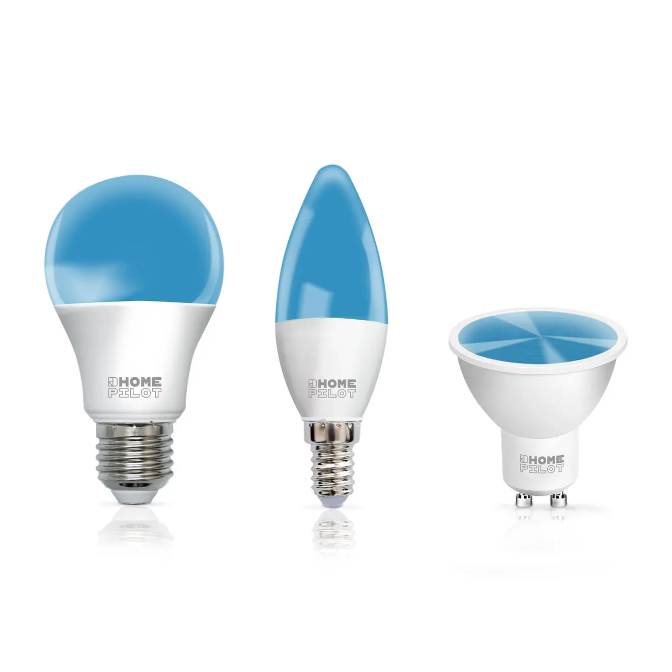 Drei verschiedene LED-Lampenformen mit glatter Oberfläche und metallischen Sockeln